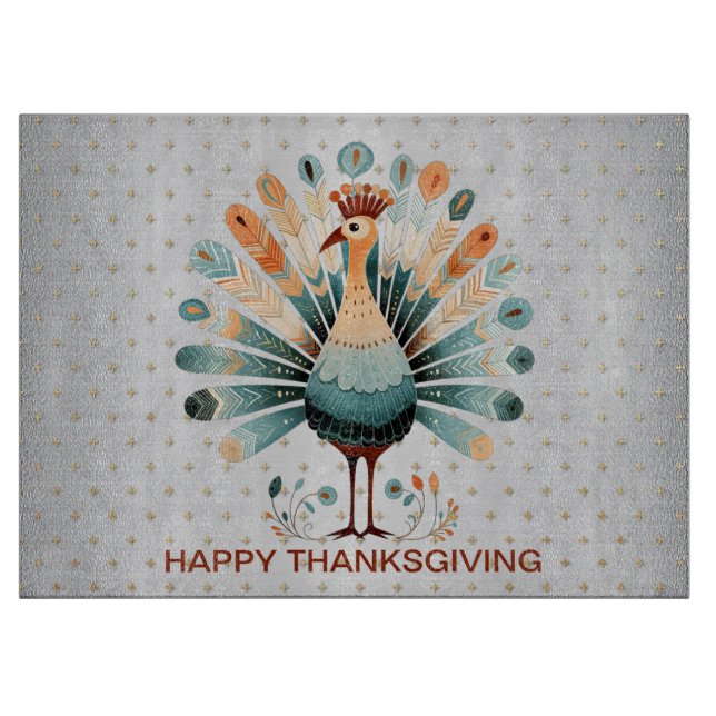 Happy Thanksgiving Colourful Turkey Golden Stars Cutting Board (Front)