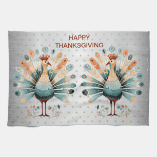 Happy Thanksgiving Colourful Turkey Golden Stars Tea Towel