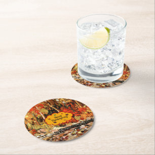 "Happy Thanksgiving," Colours of Autumn Round Paper Coaster