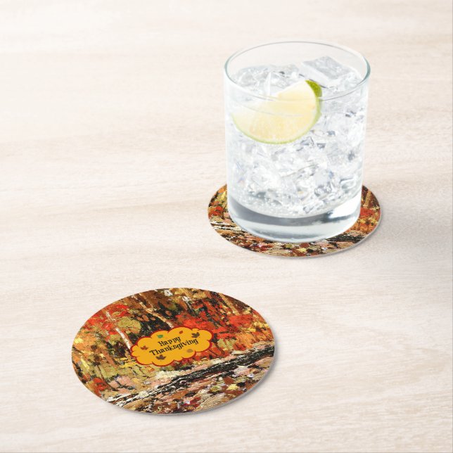 "Happy Thanksgiving," Colours of Autumn Round Paper Coaster (Insitu)