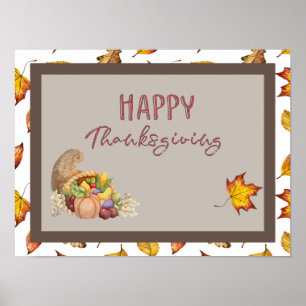 Happy Thanksgiving Cornucopia Basket Fall Leaves  Poster