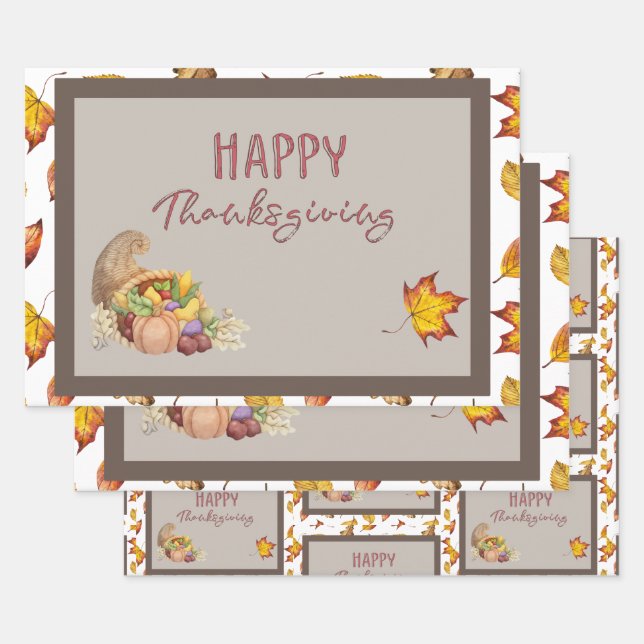Happy Thanksgiving Cornucopia Basket Fall Leaves   Wrapping Paper Sheet (Set)