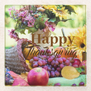 Happy Thanksgiving Cornucopia Fruits Grapes Apple Glass Coaster