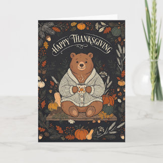 Happy Thanksgiving Cosy Bear Illustration Holiday Card