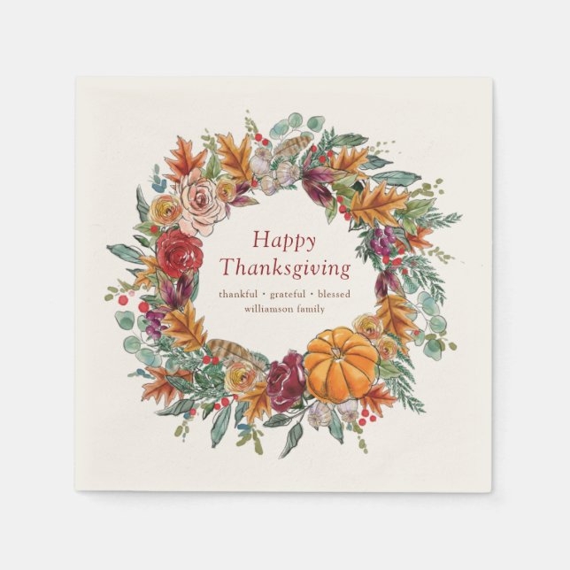 Happy Thanksgiving Country Rustic Pumpkin Wreath Napkin (Front)