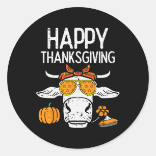 Happy Thanksgiving Cow Fall Autumn Farmer Men Wome Classic Round Sticker
