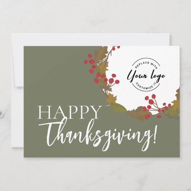 Happy Thanksgiving Custom business logo Sage Green Holiday Card (Front)