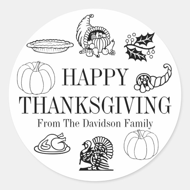 Happy Thanksgiving custom family name cute favour Classic Round Sticker (Front)
