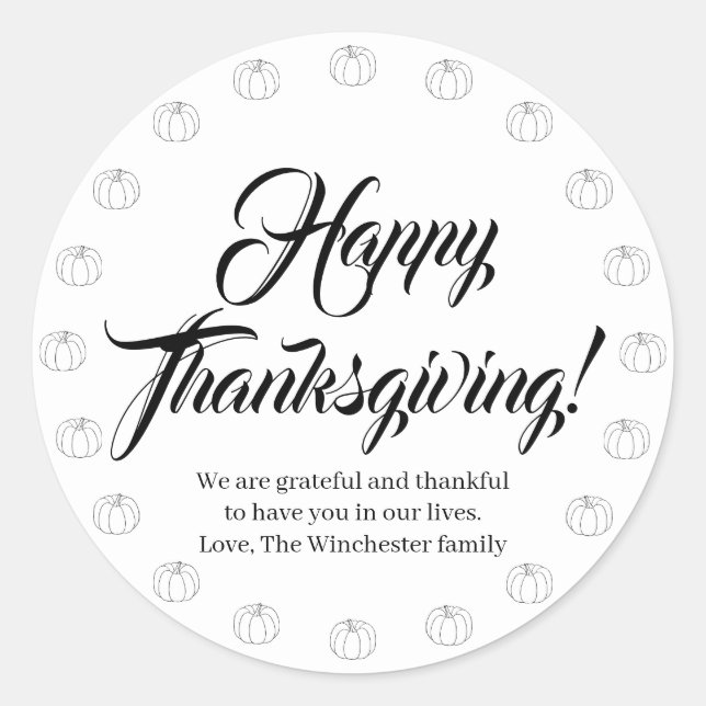 Happy Thanksgiving custom script cute pumpkins Classic Round Sticker (Front)