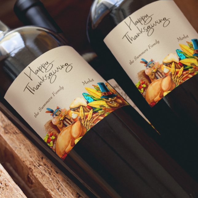 Happy Thanksgiving Cute Animals Gift Wine Label (Creator Uploaded)