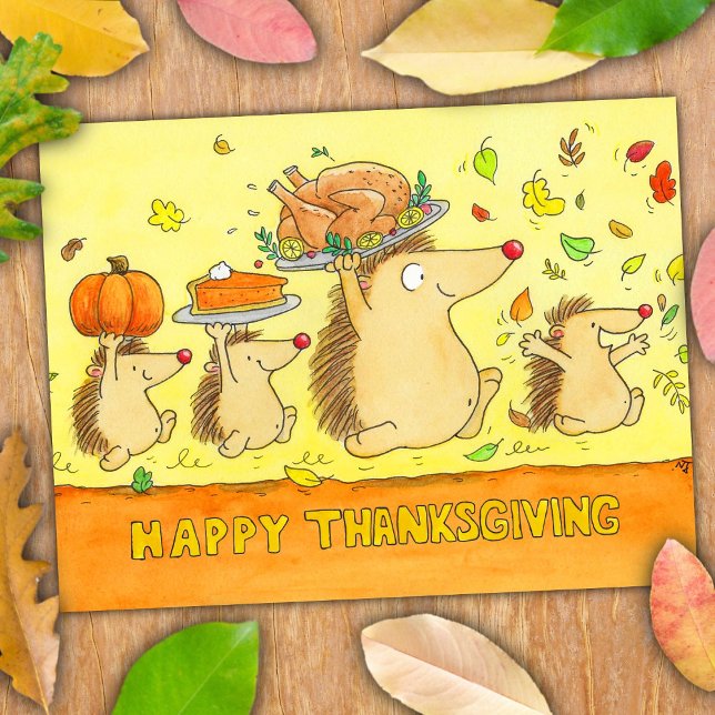 Happy Thanksgiving Cute Cartoon Hedgehogs Postcard (Creator Uploaded)