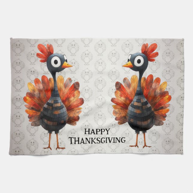Happy Thanksgiving Cute Colourful Baby Turkey Tea Towel (Horizontal)