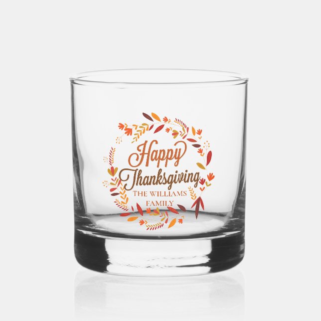 Happy Thanksgiving Cute Custom Autumn Leaf Wreath Whiskey Glass (Front)