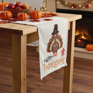Happy Thanksgiving Cute Pilgrim Turkey Short Table Runner