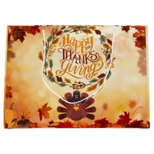 Happy Thanksgiving Cute Turkey and Autumn Leaves   Large Gift Bag