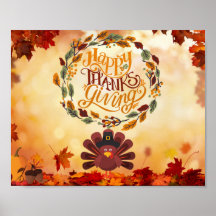 Happy Thanksgiving Cute Turkey and Autumn Leaves  