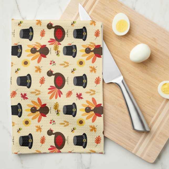 Happy Thanksgiving Cute Turkey Floral Kitchen Tea Towel (Quarter Fold)