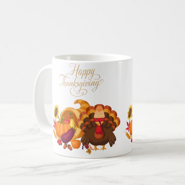 Happy Thanksgiving Cute Turkey, Horn of Plenty Coffee Mug (Front Left)