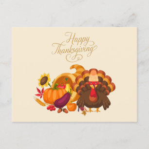 Happy Thanksgiving Cute Turkey, Horn of Plenty Holiday Postcard