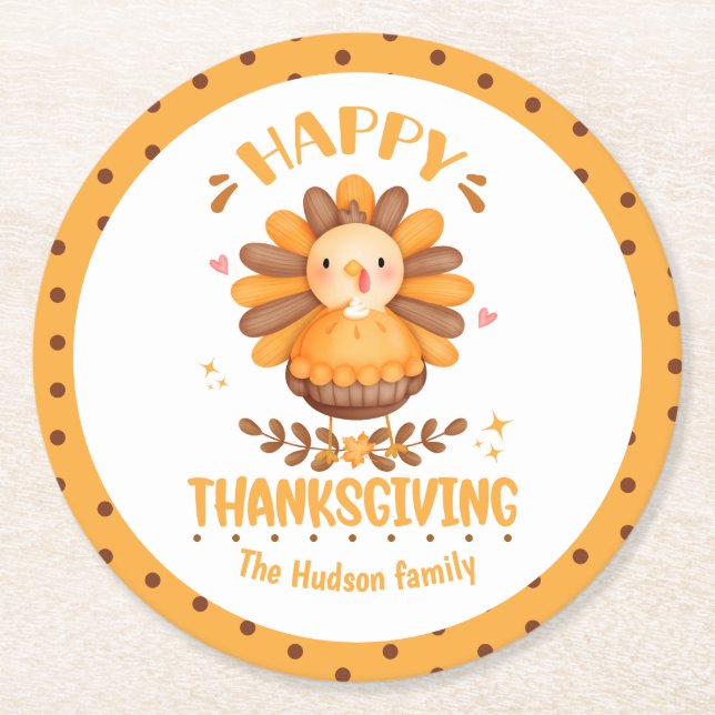 Happy Thanksgiving Cute Turkey Round Paper Coaster (Front)