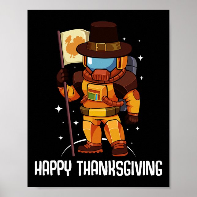 Happy Thanksgiving Day Astronaut Turkey Flag Fall  Poster (Front)