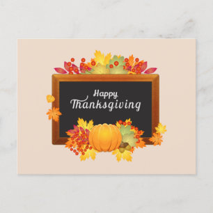 Happy Thanksgiving day autumn leaves and pumpkin Holiday Postcard