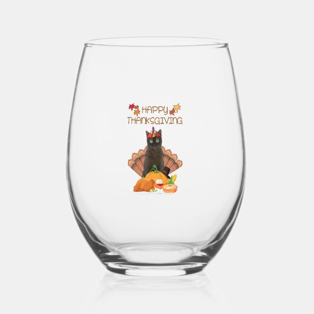 Happy Thanksgiving Day Burmese Cat Gift Funny Turk Stemless Wine Glass (Front)