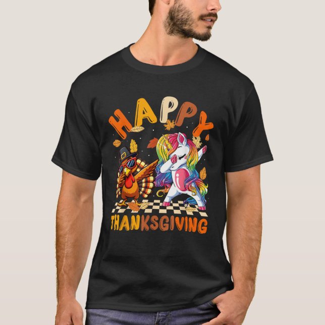 Happy Thanksgiving Day Dabbing Turkey Unicorn Girl T-Shirt (Front)