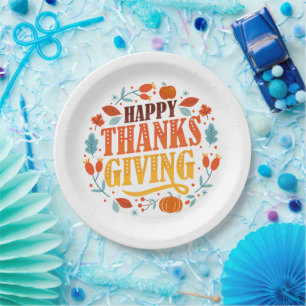 Happy Thanksgiving Day Fall Holiday Turkey Dinner Paper Plate