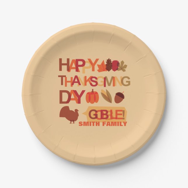 Happy Thanksgiving Day Family Dinner Celebration Paper Plate (Front)