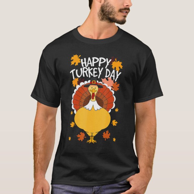 Happy Thanksgiving Day Funny Cute Pilgrim Turkey M T-Shirt (Front)