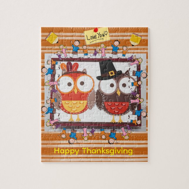 Happy Thanksgiving Day Jigsaw Puzzle Owls (Vertical)