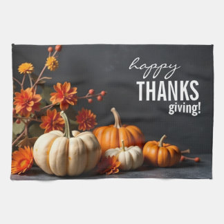 Happy Thanksgiving Day Orange Pumpkin Flowers Tea Towel
