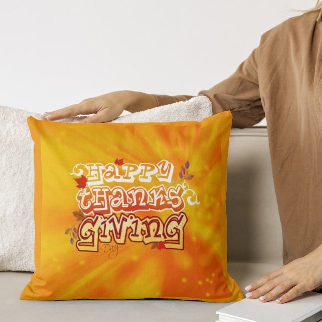Happy thanksgiving day orange Throw Pillow (Creator Uploaded)