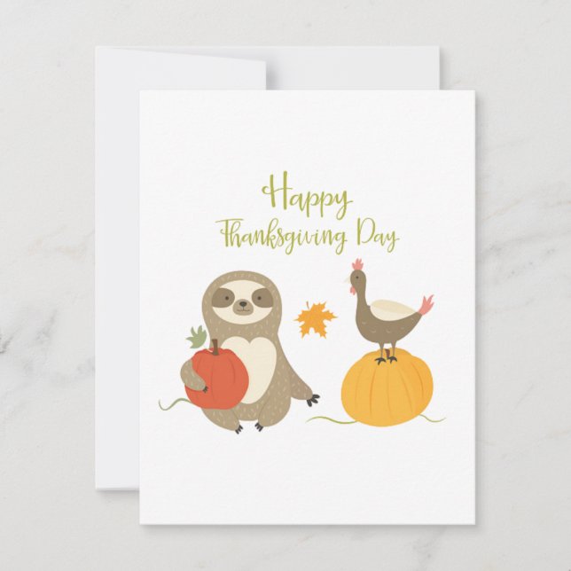 Happy Thanksgiving Day Sloth with turkey flat card (Front)