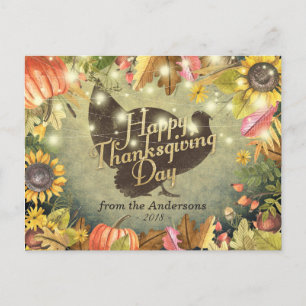 Happy Thanksgiving Day Turkey Pumpkins Fall Leaves Holiday Postcard