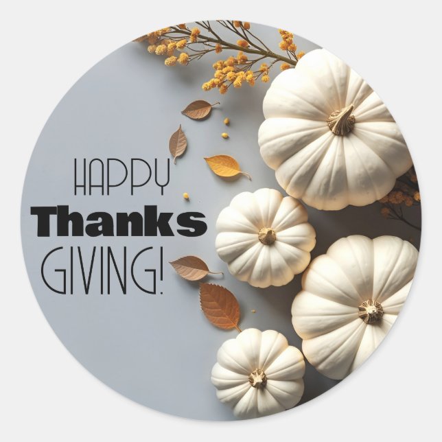 Happy Thanksgiving Day White Pumpkins Classic Round Sticker (Front)