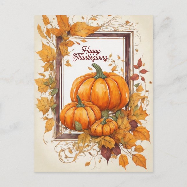 Happy thanksgiving design with pumpkin and leaves holiday postcard (Front)