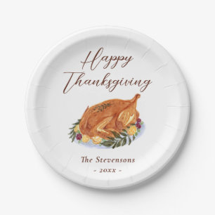 Happy Thanksgiving Dinner Turkey Watercolor Rustic Paper Plate
