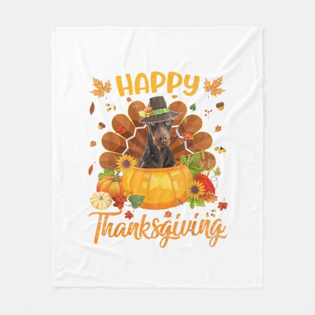 Happy Thanksgiving Doberman Dog Turkey Pumpkin  Fleece Blanket (Front)