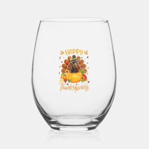 Happy Thanksgiving Doberman Dog Turkey Pumpkin  Stemless Wine Glass