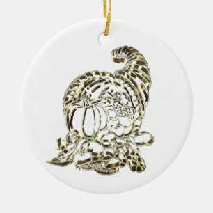 Happy Thanksgiving Elegant Golden Cornucopia Ceramic Ornament