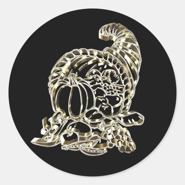 Happy Thanksgiving Elegant Golden Cornucopia Classic Round Sticker (Front)