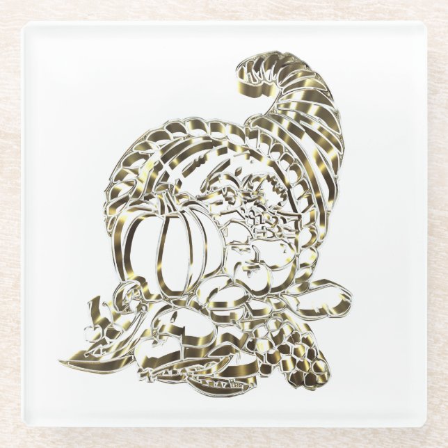 Happy Thanksgiving Elegant Golden Cornucopia Glass Coaster (Front)