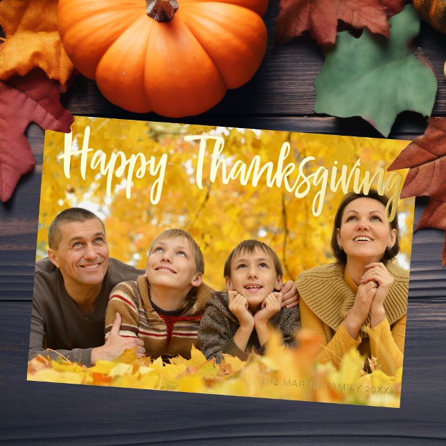 Happy Thanksgiving Elegant Script Over Photo Gold Foil Holiday Card (Creator Uploaded)