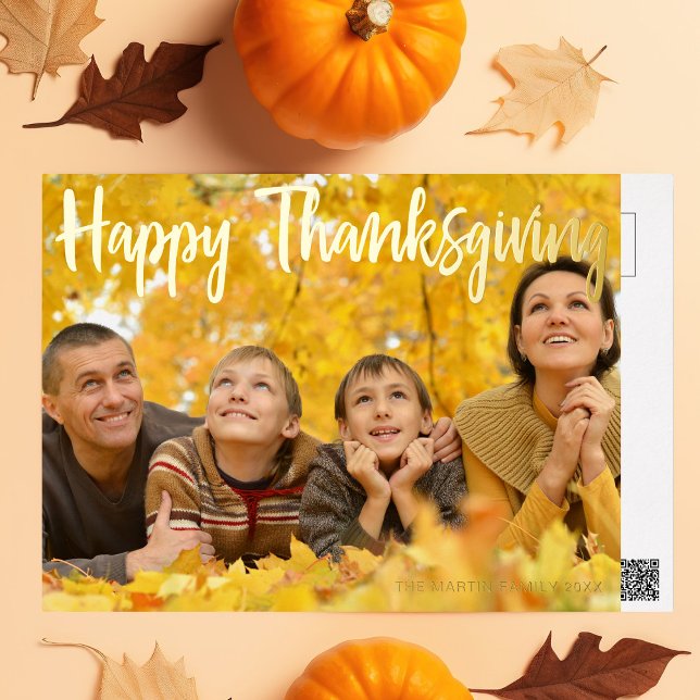 Happy Thanksgiving Elegant Script Over Photo Gold Foil Holiday Postcard (Creator Uploaded)