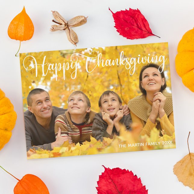 Happy Thanksgiving Elegant White Script Photo Holiday Card (Creator Uploaded)