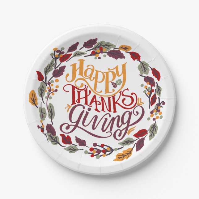 Happy Thanksgiving  Fall Autumn Leaves Wreath Paper Plate (Front)