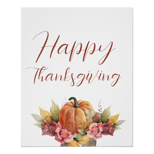 Happy Thanksgiving Fall Autumn Pumpkin Floral Poster (Front)
