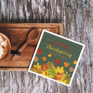 Happy Thanksgiving Fall Colourful Foliage On Wood Napkin